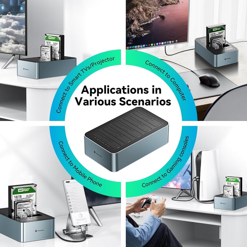 Yottamaster 5 Bay Hard Drive Docking Station Aluminum for 2.5''/3.5'' SATA SSD/HDD, USB 3.2 Gen1 Hard Drive Cloner Duplicator, Supports UASP and Up to 90TB (5x18TB) for 1-to-4 Offline Cloning (KB500) - Image 3